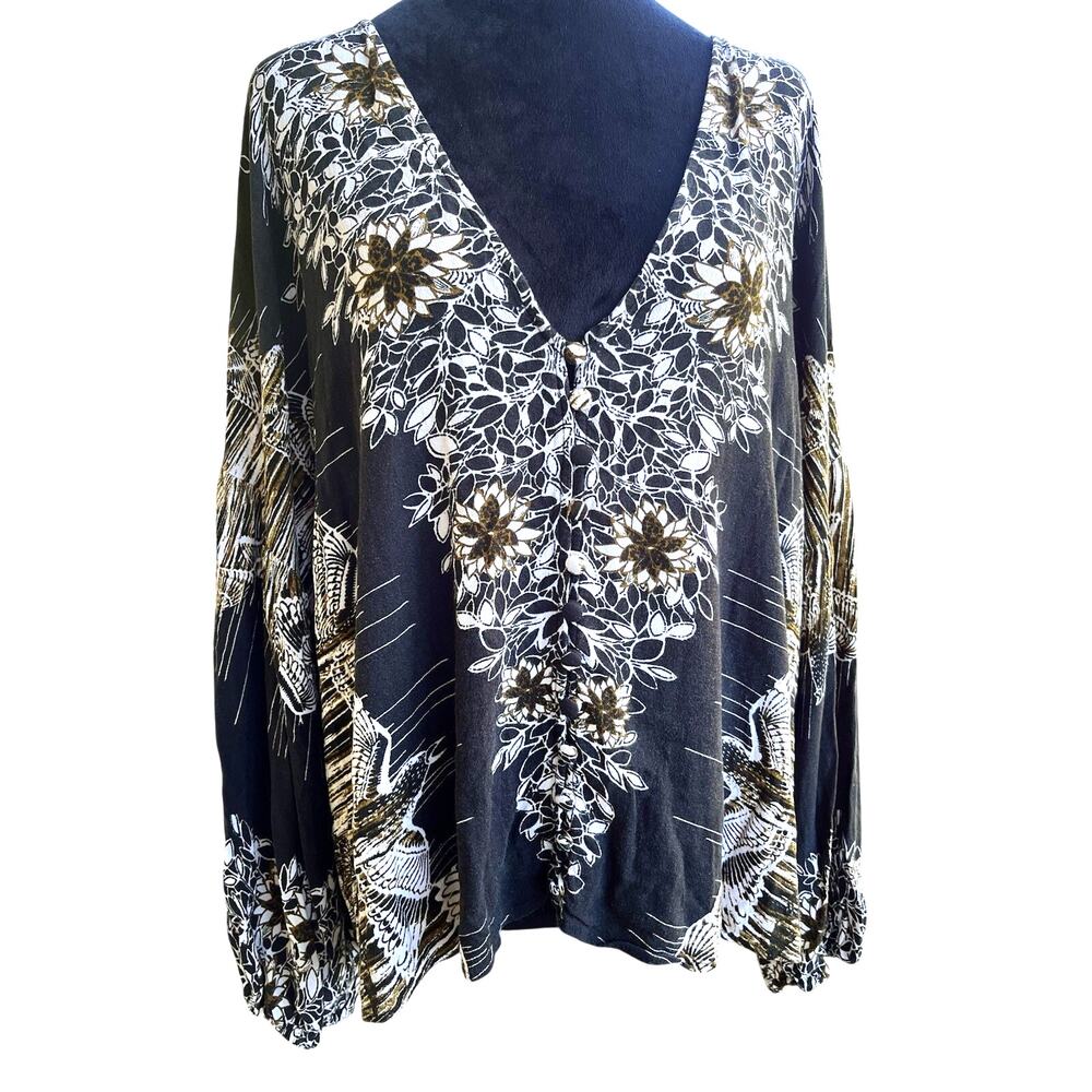 Free People Birds of a Feather Peasant Top Black & White Floral M